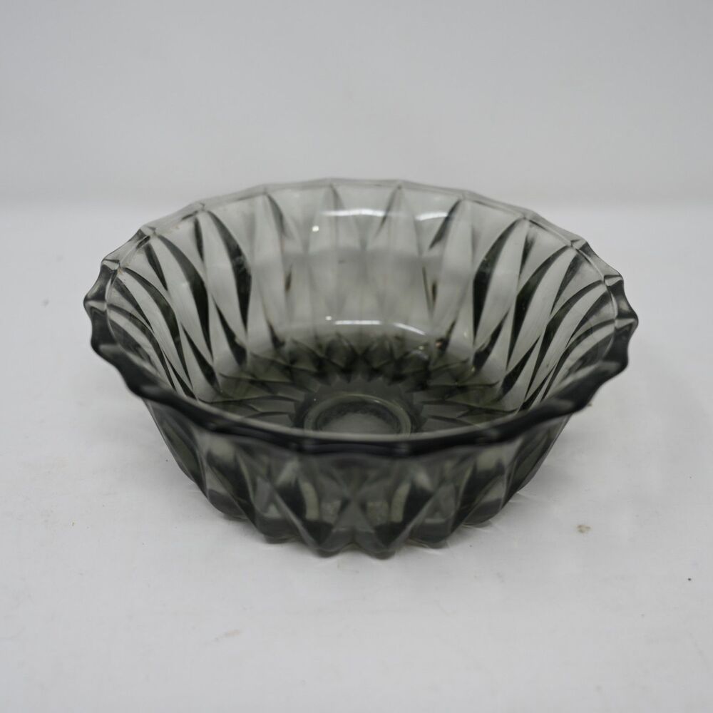 Vintage Libbey Smoke Gray Glass Bowl Diamond Scroll 1960s